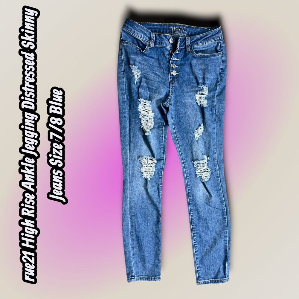 Preowned rue21 High Rise Ankle Jegging Distressed Skinny Jeans Size 7/8 Blue